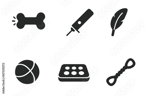 Pet toys solid glyph icon set. Vector symbols of dog and cat accessories for play. Includes squeaky bone, laser pointer, feather wand, ball, puzzle feeder, and tug rope toy.