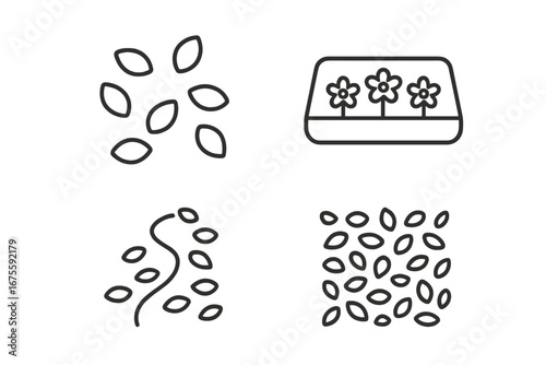 Petal icon collection. Outline icon set of garden bed, scattered petals, flowerbed outline, path strewn with petals. Vector symbols for spring, nature, romance, decoration.