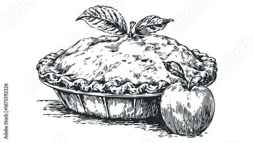 Detailed sketch of a rustic apple pie with leaves and a whole apple on a white background. Vector hand drawn illustration