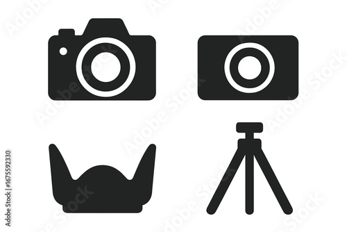 Photography icon set. Solid glyph collection of photo equipment. Vector symbols for web and mobile. DSLR camera, tripod, lens hood icons. Digital photo gear silhouette.