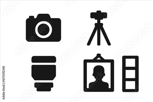 Photography icon set. Solid glyph icons of photo equipment. Vector collection with camera, tripod, lens, picture frame, and film strip symbols. Photographer gear elements.