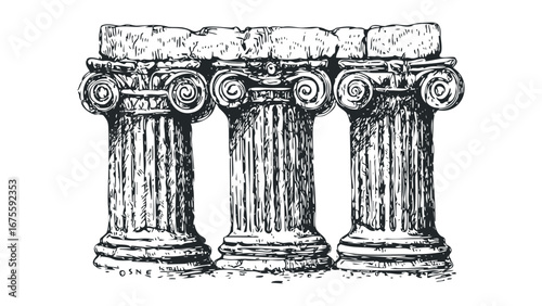 Engraved Ionic columns with volutes and fluted shafts. Vector hand drawn illustration