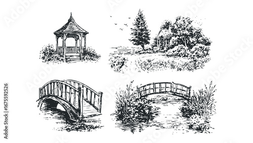 Pen and ink drawing of gazebo, house, and bridges in nature. Vector hand drawn illustration