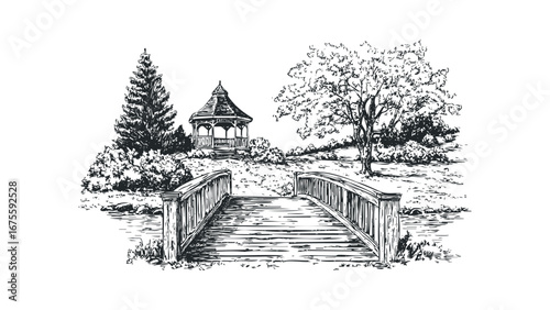 Sketch of a Wooden Bridge Leading to a Gazebo in a Tranquil Garden. Vector hand drawn illustration