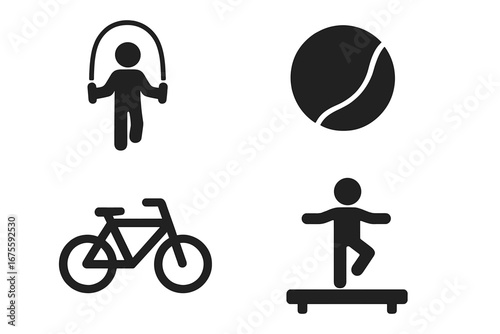 Physical activity and motor skills icons. Solid fill glyph set of jump rope, ball, bicycle, and balance beam. Concept for fitness, exercise, health, and active lifestyle.