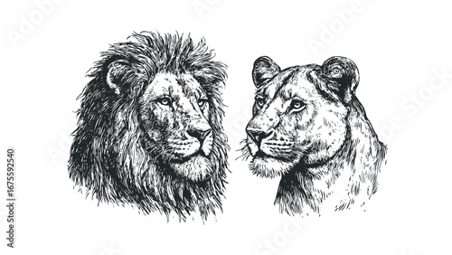 Lion and lioness sketched animal portraits with textured fur. Vector hand drawn illustration