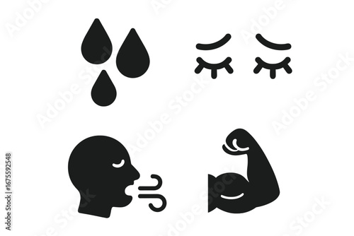 Physical exertion signs icon set. Solid glyphs of sweat droplets, tired eyes, heavy breathing, and muscle strength. Vector symbols for fatigue, workout, fitness, and health.