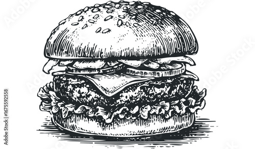 Detailed Ink Drawing of a Gourmet Burger with Sesame Seed Bun. Vector hand drawn illustration
