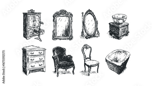 Antique furniture collection set featuring ornate mirrors and chairs. Vector hand drawn illustration
