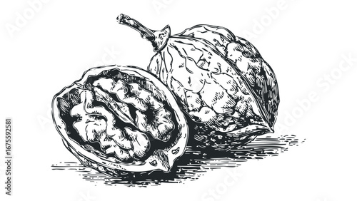 Detailed Ink Drawing of Two Walnuts One Split Open Showing Kernel. Vector hand drawn illustration