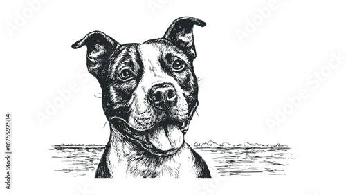 Ink sketch of a happy pit bull terrier with tongue out and alert ears. Vector hand drawn illustration