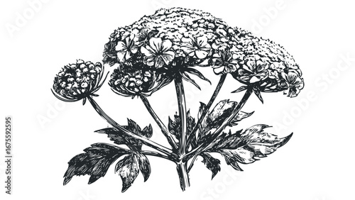 Detailed Line Drawing of a Wild Carrot Plant on Transparent Background. Vector hand drawn illustration