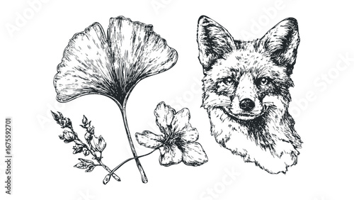 Wallpaper Mural Hand-drawn sketch of a fox head and botanical elements on transparent background. Vector hand drawn illustration Torontodigital.ca