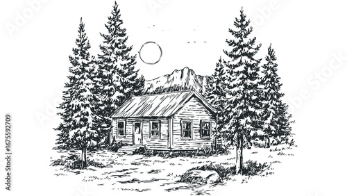 Wooden cabin nestled among evergreen trees with mountain vista. Vector hand drawn illustration