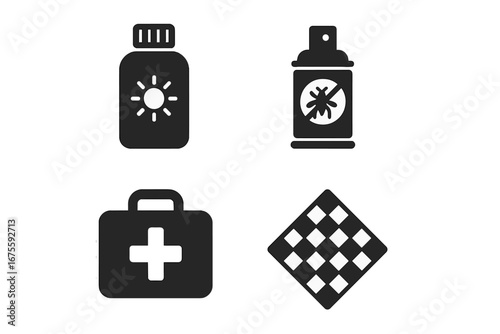 Picnic essentials solid glyph icon set. Summer vacation, outdoor activity safety gear. Sunscreen, insect repellent spray, first aid kit, and checkered blanket vector icons.