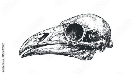 Detailed ink drawing of a bird skull on a transparent background. Vector hand drawn illustration