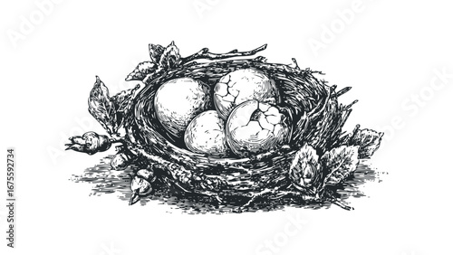 Ink sketch of a bird's nest with three eggs, one cracked, adorned with leaves and twigs. Vector hand drawn illustration