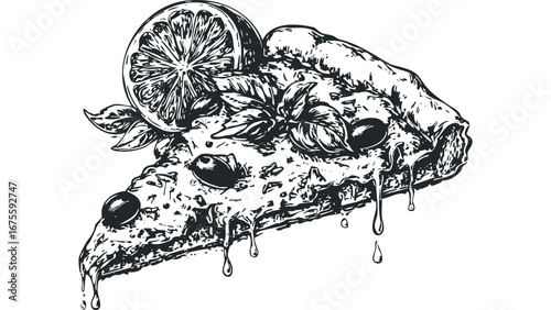 Drawn Slice of Pizza with Olives and Lemon on Transparent Background. Vector hand drawn illustration