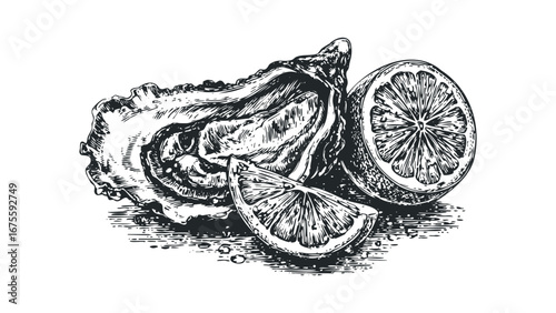 Detailed engraving of an oyster and citrus slices on a transparent background. Vector hand drawn illustration