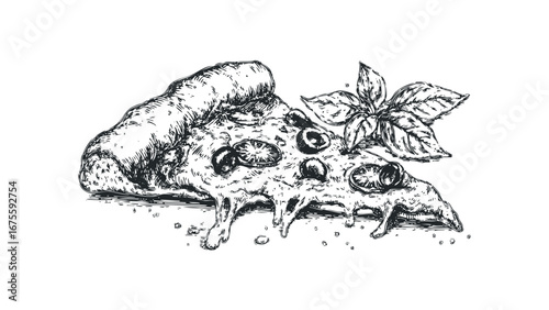 Detailed black and white sketch of two pizza slices with melting cheese and basil. Vector hand drawn illustration