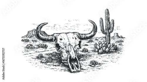 Western desert landscape with bull skull and saguaro cactus. Vector hand drawn illustration