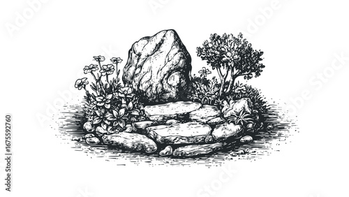 Stylized sketch of a rock formation with plants and flowers. Vector hand drawn illustration