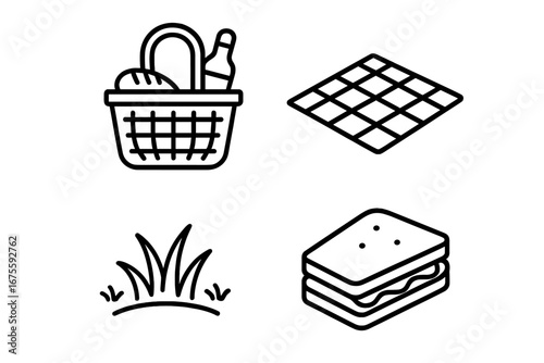 Picnic icon set. Summer park lunch concept. Vector collection with basket, food, bottle, bread, sandwich, grass and blanket. Outdoor leisure activity symbols. Line art.