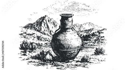 Ancient clay amphora resting in a rugged mountainous landscape with sparse vegetation. Vector hand drawn illustration