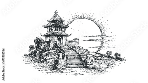 Vintage sketch of an ancient East Asian pagoda on a hill with a sunburst. Vector hand drawn illustration