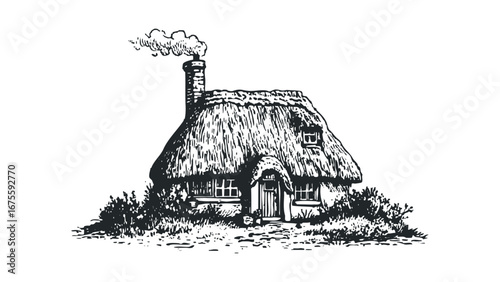 Hand-drawn black and white sketch of a quaint thatched-roof cottage with smoke rising from chimney. Vector hand drawn illustration