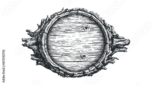 Circular wooden sign with rough bark border. Vector hand drawn illustration