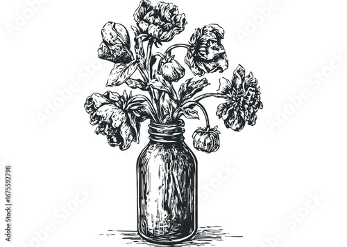 Detailed linocut style drawing of assorted blooming flowers in a glass jar. Vector hand drawn illustration