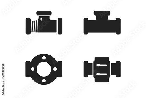 Pipe joint icons set. Plumbing and pipeline fittings collection. Vector glyphs of threaded, welded, flanged, and compression joints. Industrial construction concept symbols.