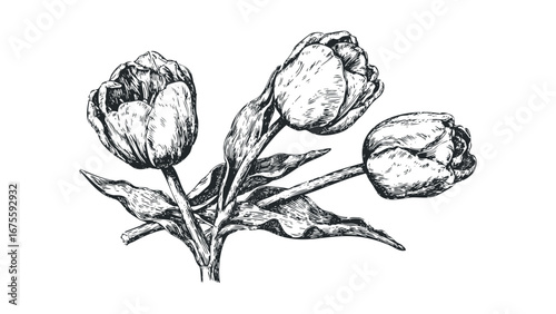 Vintage Botanical Illustration of Three Tulips on Transparent Background. Vector hand drawn illustration