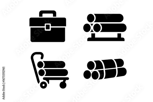 Pipework solid glyph icon set. Plumbing equipment for storage and transport. Vector icons of toolbox, pipes on rack, hand truck dolly, and bundled pipes for logistics.