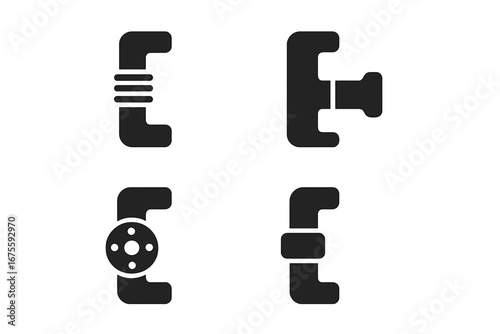 Pipe joint icons set. Solid glyph symbols for plumbing and industrial pipelines. Vector collection of threaded, welded, flanged, and compression fittings connection types.