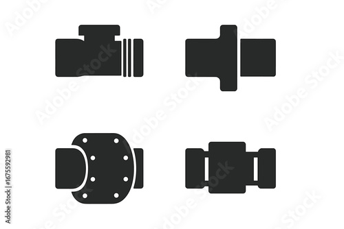 Pipe joint and fitting icon set. Vector glyph collection of pipeline connectors for plumbing and industrial use. Includes threaded, welded, flanged, and compression joints.