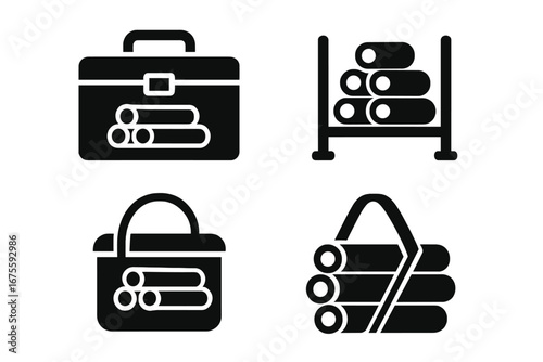 Pipework storage and transport solid glyph icon set. Plumbing equipment vector graphics with toolbox, pipe rack, caddy, and carrying strap symbols for industrial use.