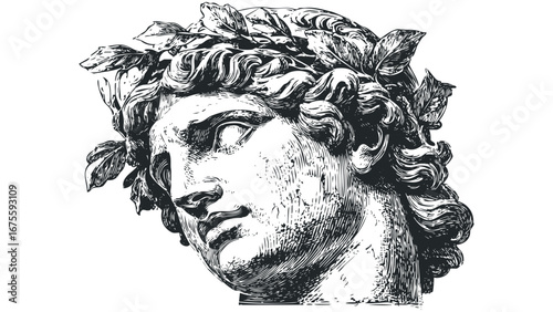 Sketch of a classical male head with laurel wreath. Vector hand drawn illustration