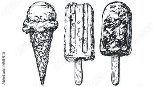 Hand drawn ice cream cone and popsicles on transparent background. Vector hand drawn illustration