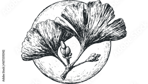 Hand drawn ginkgo leaves and buds circular graphic in black and white. Vector hand drawn illustration