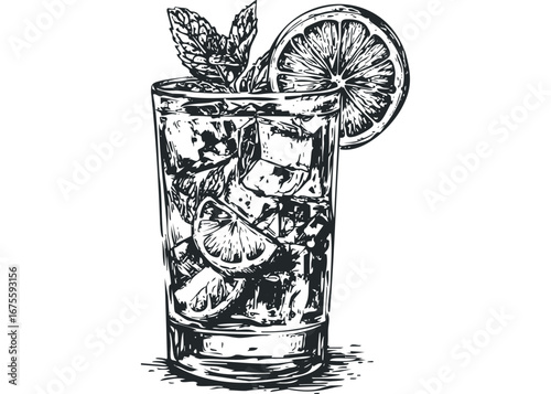 Hand-drawn sketch of a tall glass filled with ice, citrus slices, and mint. Vector hand drawn illustration