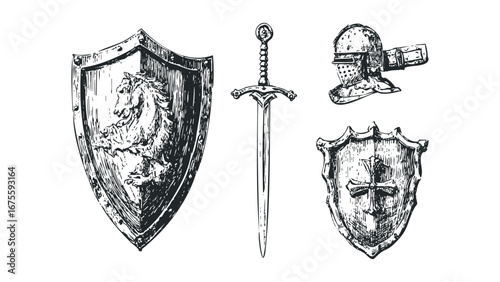 Medieval Knight Armor Sword and Shields Historic Battle Gear Collection. Vector hand drawn illustration