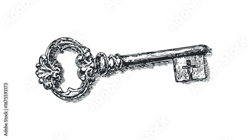 Vintage Ornate Skeleton Key Detailed Engraving on White. Vector hand drawn illustration