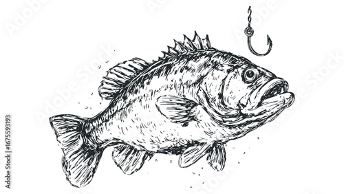 Sketch of a Perch Fish Near a Fishing Hook. Vector hand drawn illustration