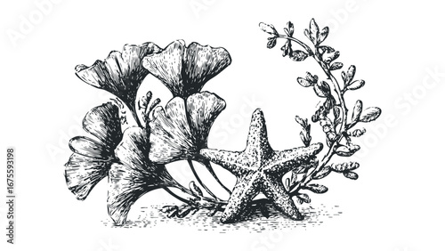 Ginkgo Leaves and Starfish Sketch. Vector hand drawn illustration