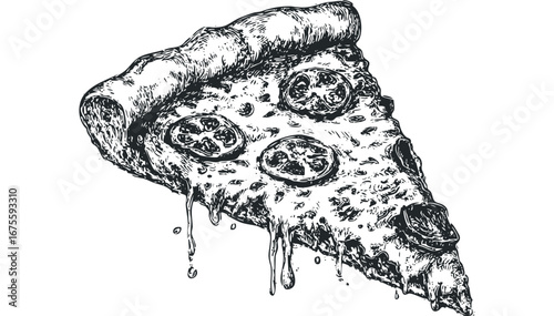Sketch slice of pizza with dripping cheese and tomato. Vector hand drawn illustration
