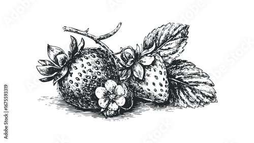 Detailed Sketch of Ripe Strawberries and Blossom on a Stem. Vector hand drawn illustration