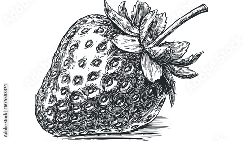Detailed line art drawing of a single strawberry with stem and leaves. Vector hand drawn illustration