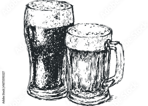 Hand-drawn sketch of two beer glasses with frothy heads. Vector hand drawn illustration